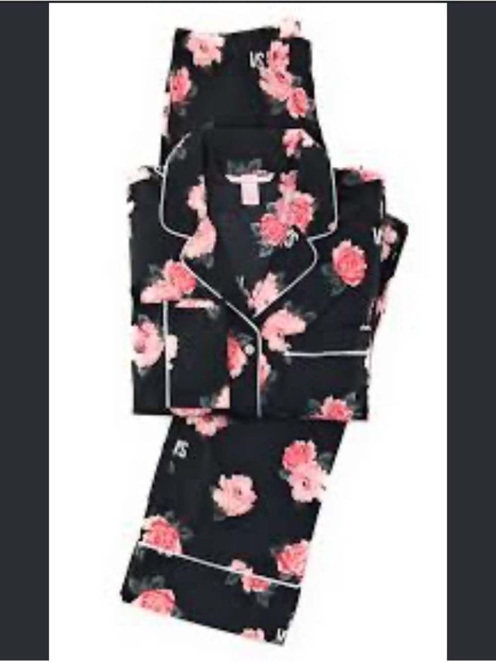 Victoria's Secret Black Pajama Set with Pink Floral Print and Contrast Piping
